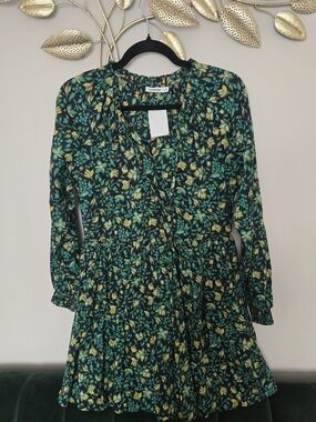 Floral Ruffled Mini Dress in Green and Yellow - Women's Size XS Oversized Cotton